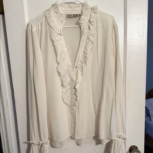 Go Silk Cream Ruffled Blouse